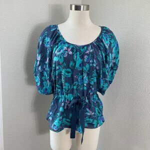 Rebecca Taylor Womens 2 Purple Blue Floral 100% Silk Balloon Sleeve Blouse Shirt